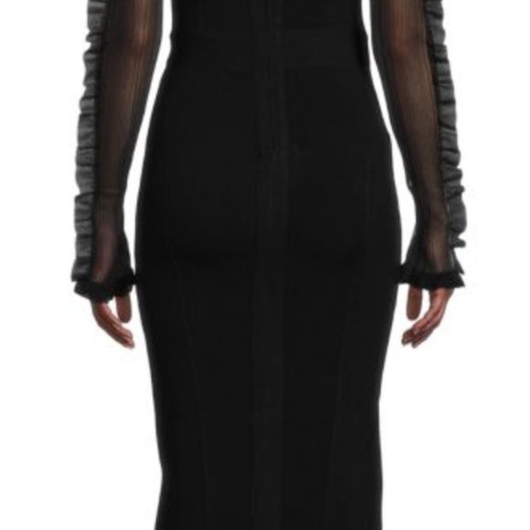 Herve Leger Black Ruffle Sheer Sleeve Corset Midi Dress Evening Cocktail Holiday - Picture 15 of 16